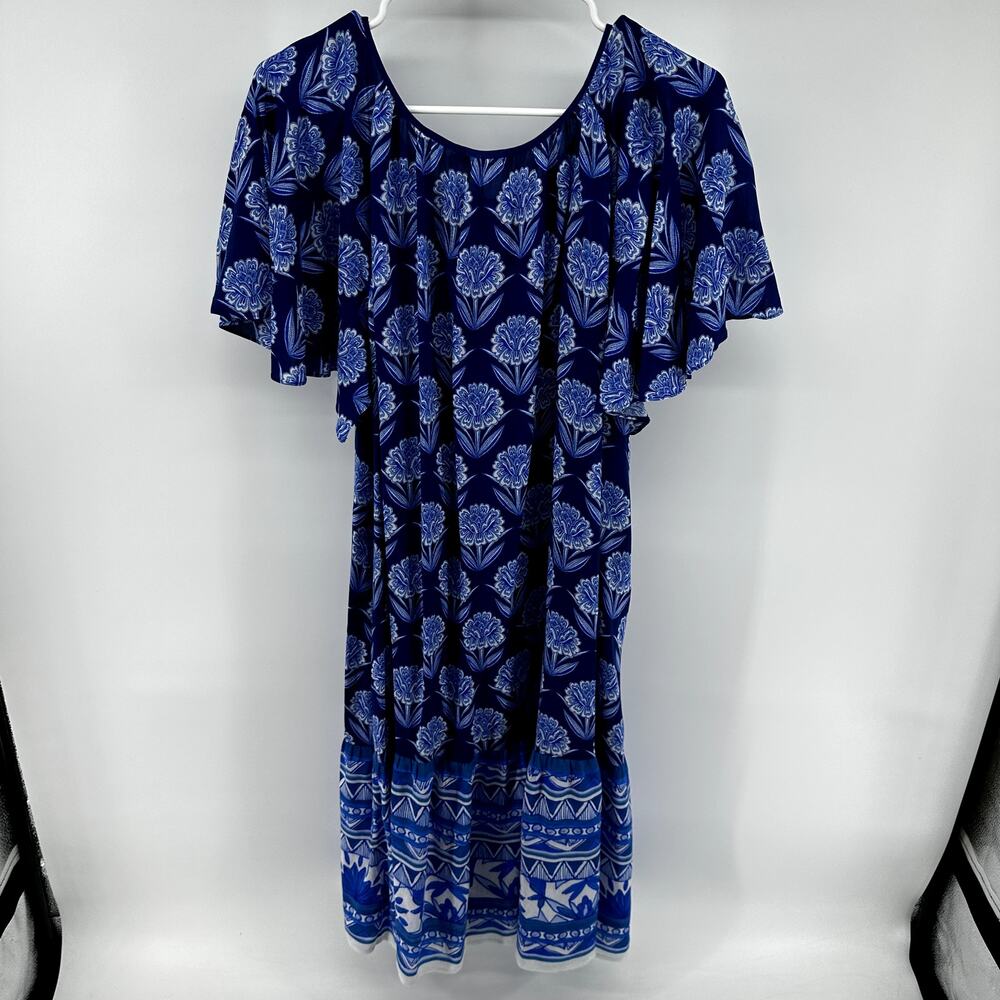 Johnny Was Yao Dress Midi Cover-Up Dolman Short Sleeve Tie Waist Floral Blue L - Picture 5 of 5